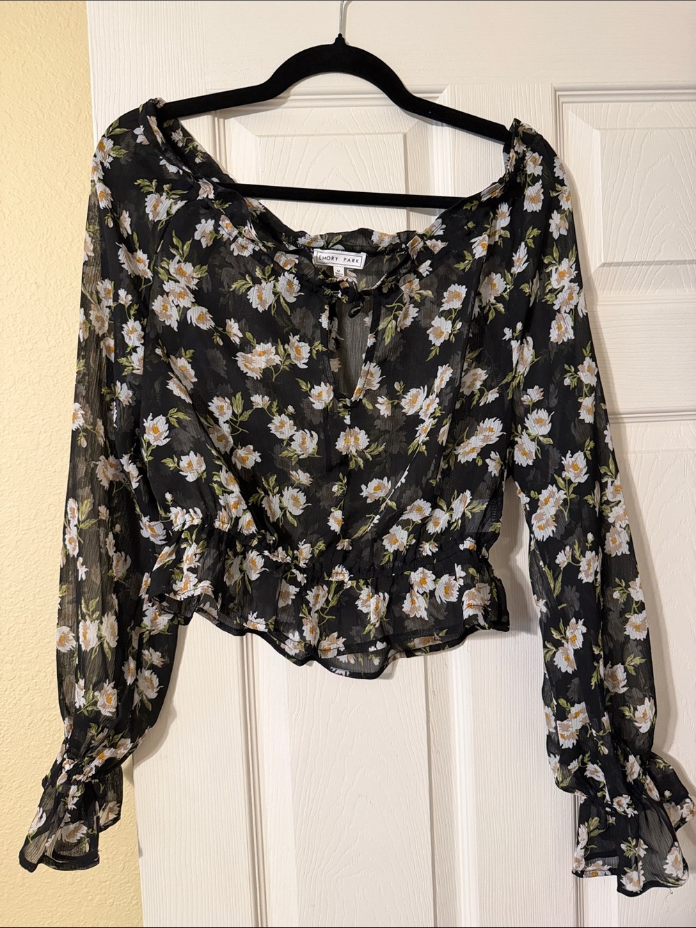 emory park Black Sheer Long-Sleeve Daisy Crop Blouse